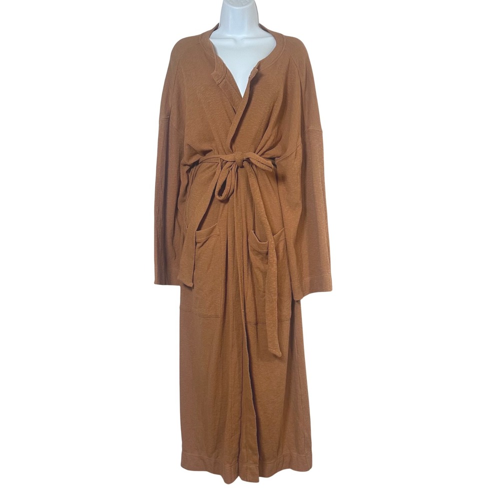 Free People FP Beach Ribbed Maxi Robe Duster Brown Belted Pockets Large